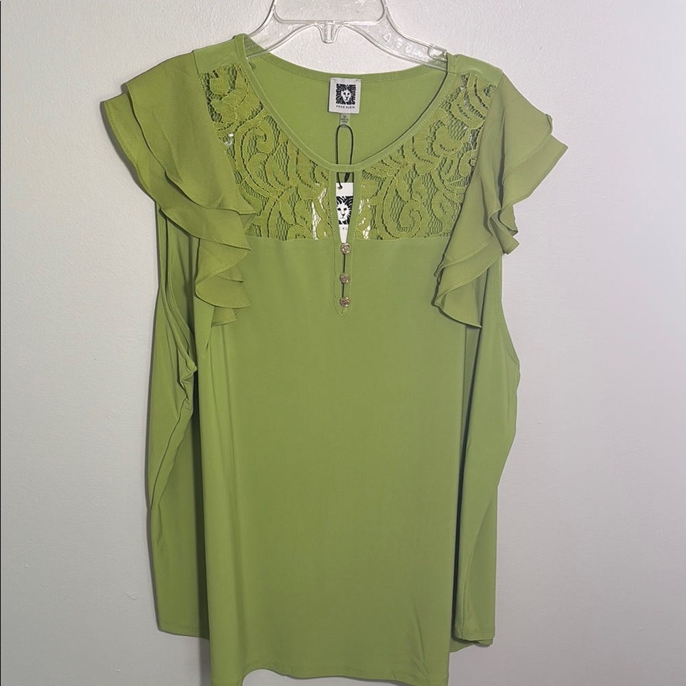 Anne Klein Green Ruffled Blouse with Lace Neckline